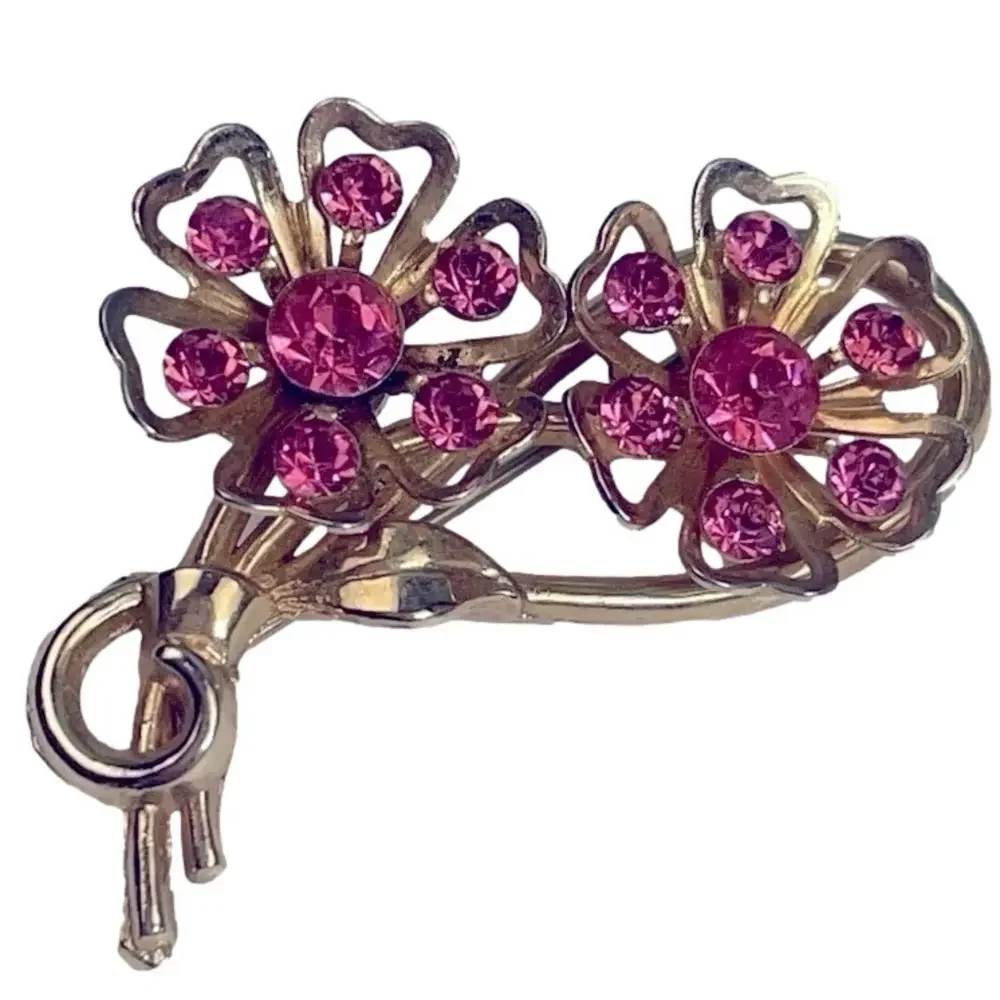 Vintage CORO 1950s Pink Rhinestone Floral Demi-Parure Brooch Earrings Set